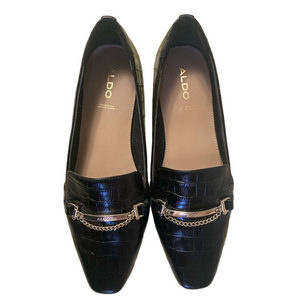 Black Leather Loafers with Gold Chain Detail